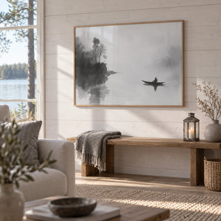 Japanese Fisherman Art, framed on the wall of a calm lakeside cabin living room with whitewashed timber walls