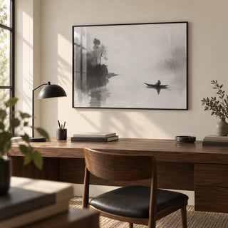 Japanese Fisherman Art, framed on the wall of a quiet study with a cream wall