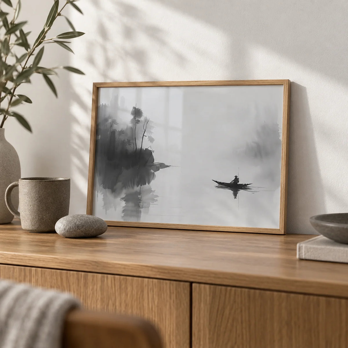 Japanese Fisherman Art, a small A4 framed print leaning on an oak sideboard in a living room