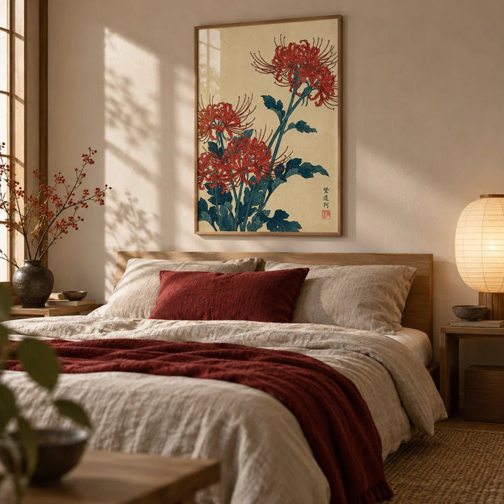 Japanese Floral Wall Art, framed on the wall of a calm Japandi bedroom