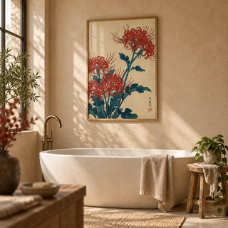 Japanese Floral Wall Art, framed on the wall of a calm spa bathroom with warm plaster walls
