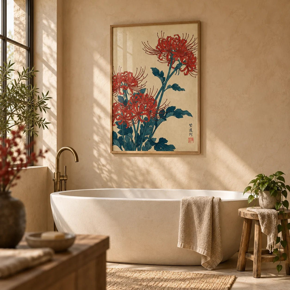 Japanese Floral Wall Art, framed on the wall of a calm spa bathroom with warm plaster walls
