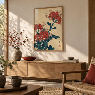 Japanese Floral Wall Art, framed on the wall of a Japandi living room