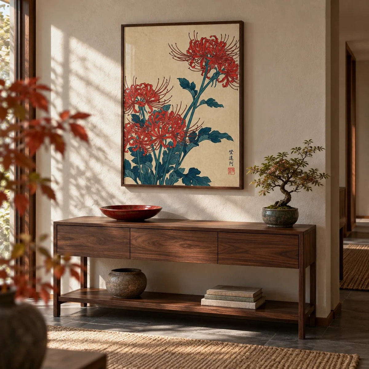 Japanese Floral Wall Art, framed on the wall of a quiet hallway
