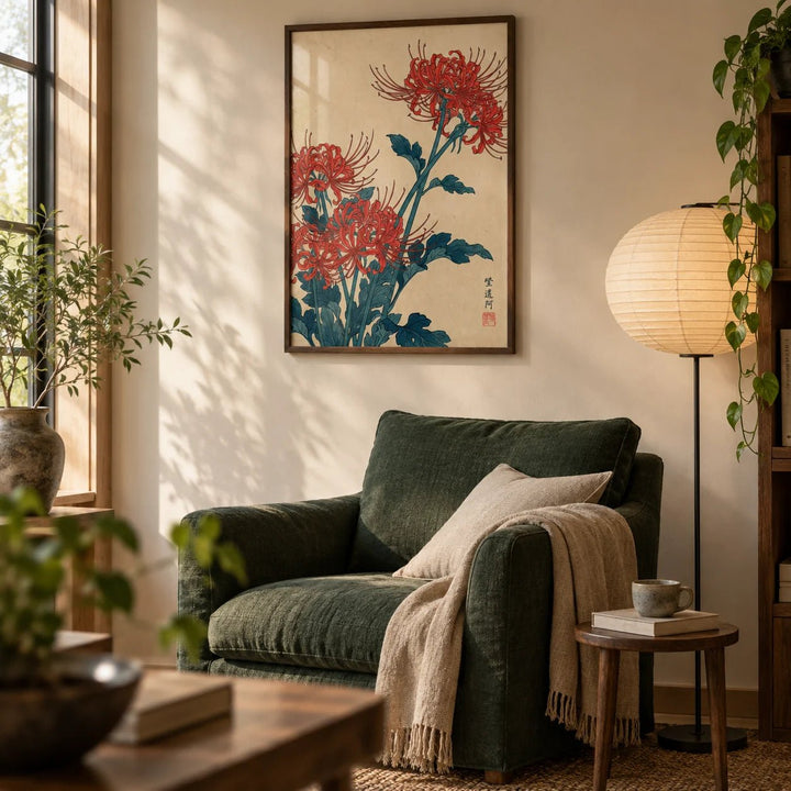 Japanese Floral Wall Art, framed on the wall of a reading corner in a living room