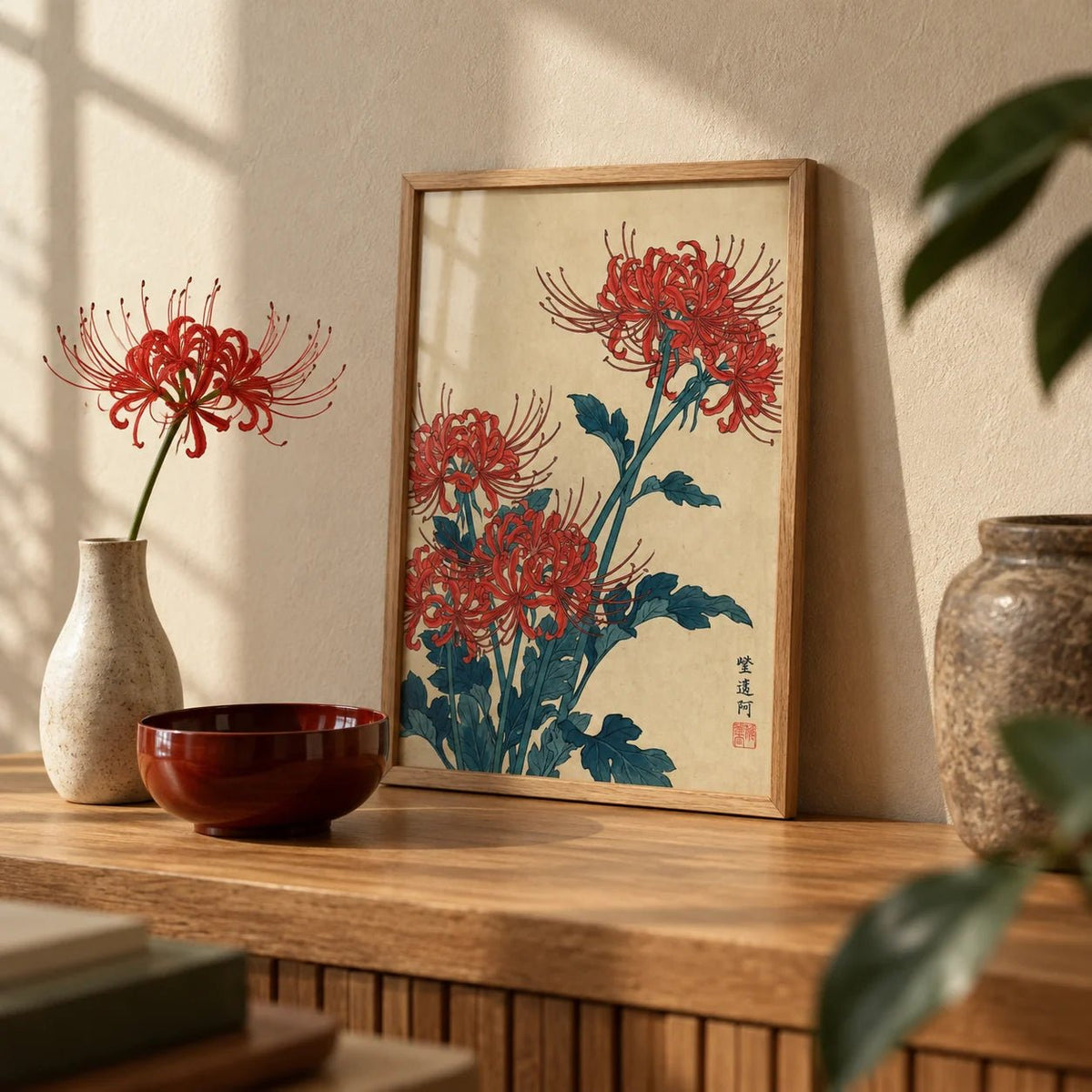 Japanese Floral Wall Art, a small A4 framed print leaning on an oak shelf in a living room