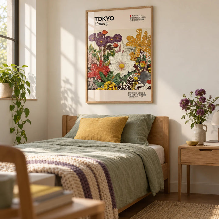 Japanese Flower Painting, framed on the wall of a calm single guest bedroom with a warm white wall