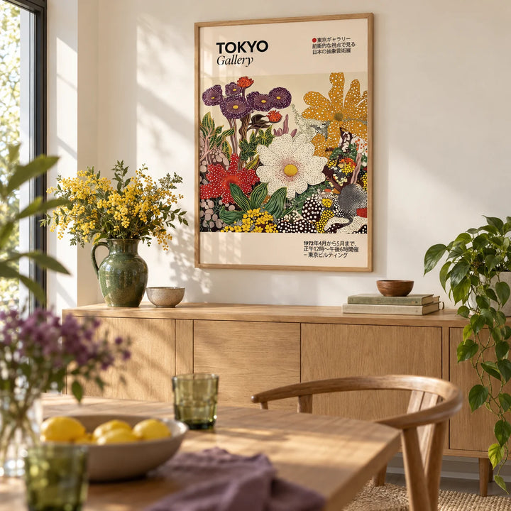 Japanese Flower Painting, framed on the wall of a garden room dining area with a warm white wall