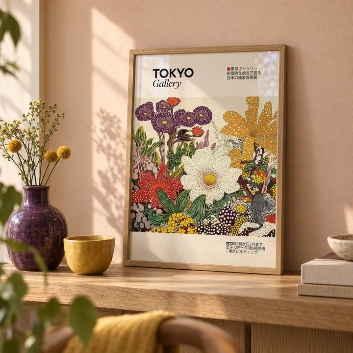 Japanese Flower Painting, a small A4 framed print leaning on an oak shelf in a living room
