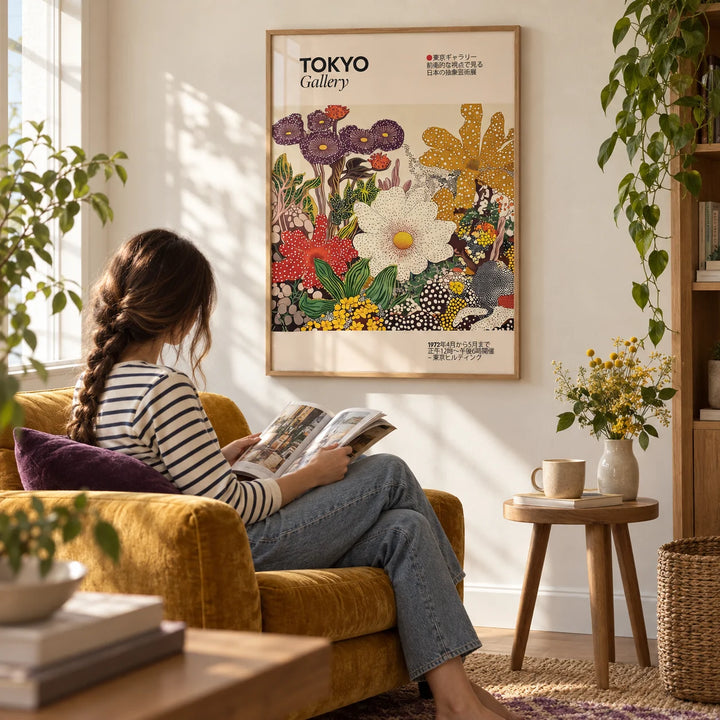Japanese Flower Painting, framed on the wall of a sunny reading corner with a cream wall in a living room
