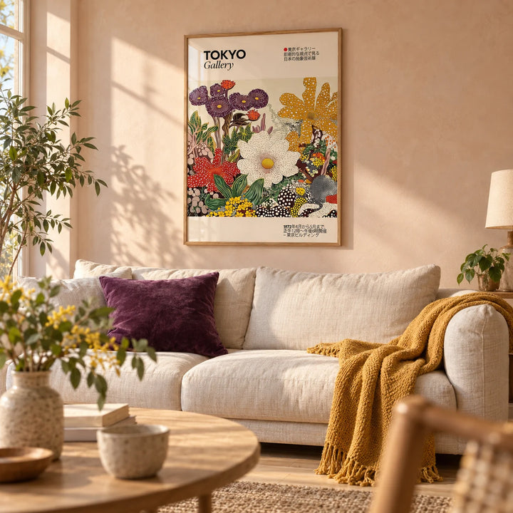 Japanese Flower Painting, framed on the wall of a warm living room with a soft peach limewashed wall and a pale oak floor