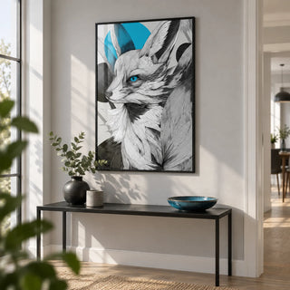 Japanese Fox Print, framed on the wall of a crisp hallway with a pale grey wall
