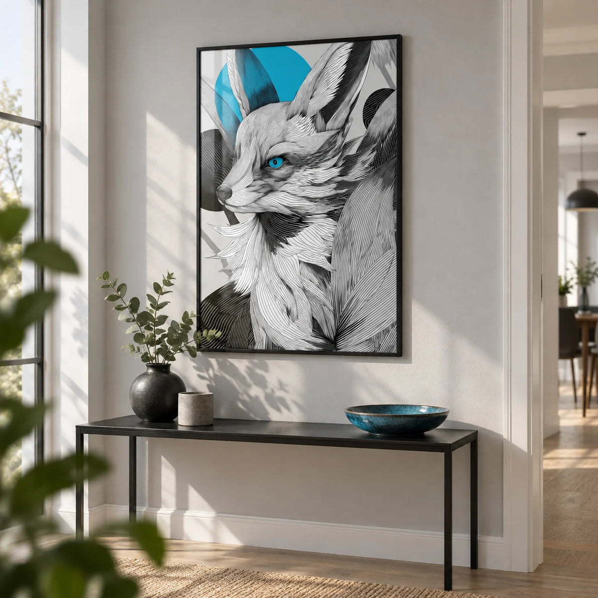 Japanese Fox Print, framed on the wall of a crisp hallway with a pale grey wall