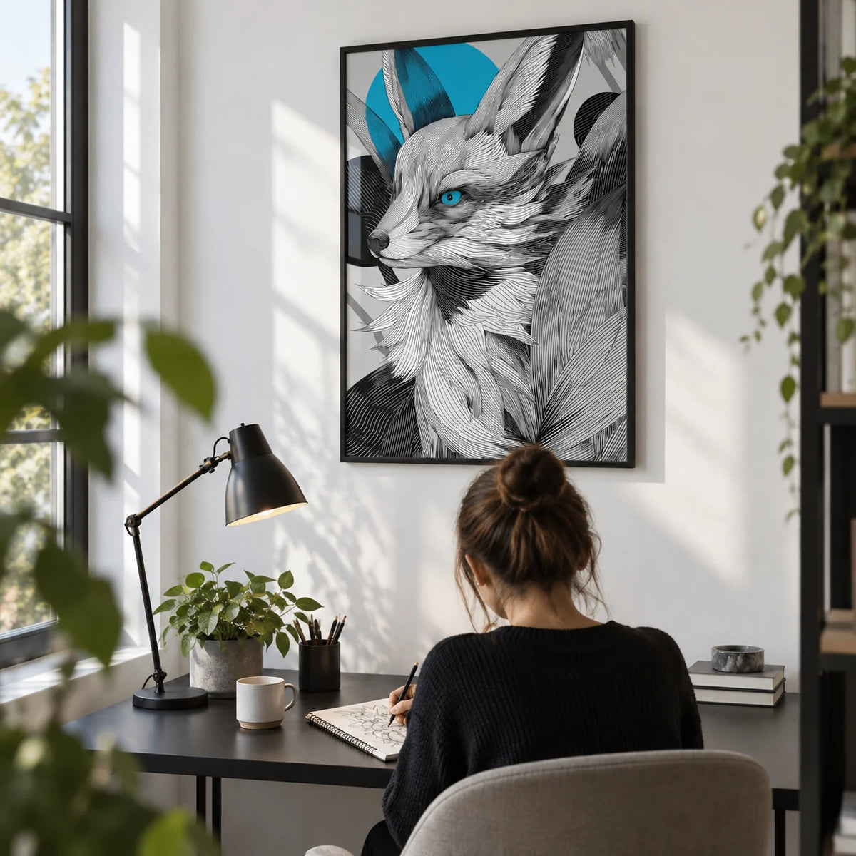 Japanese Fox Print, framed on the wall of a minimal study with a white wall