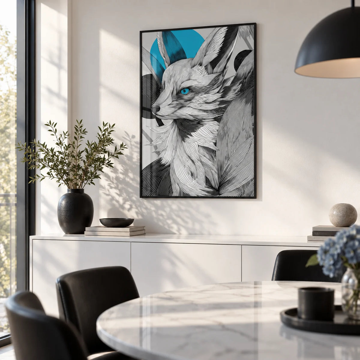 Japanese Fox Print, framed on the wall of a modern dining room with a white wall