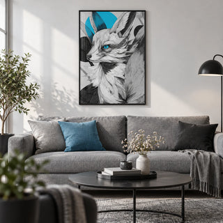 Japanese Fox Print, framed on the wall of a modern monochrome living room with a white wall