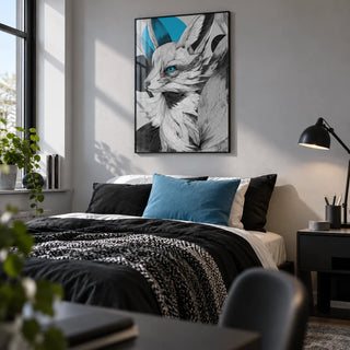 Japanese Fox Print, framed on the wall of an older teenager's bedroom (15-17) with a light grey wall