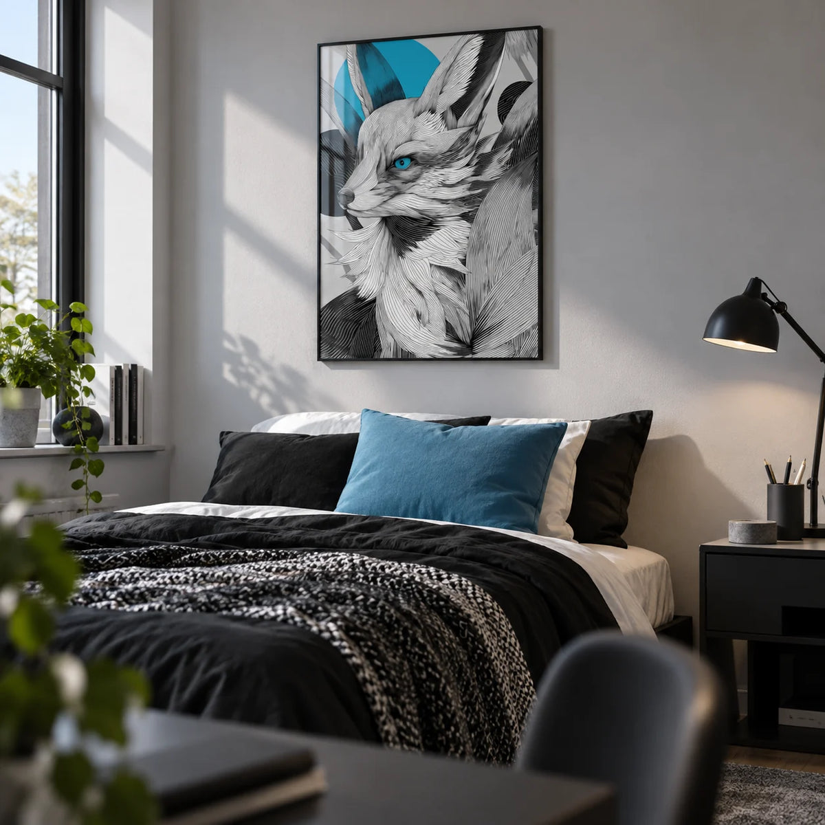 Japanese Fox Print, framed on the wall of an older teenager's bedroom (15-17) with a light grey wall