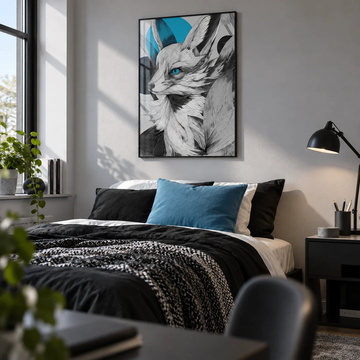 Japanese Fox Print, framed on the wall of an older teenager's bedroom (15-17) with a light grey wall