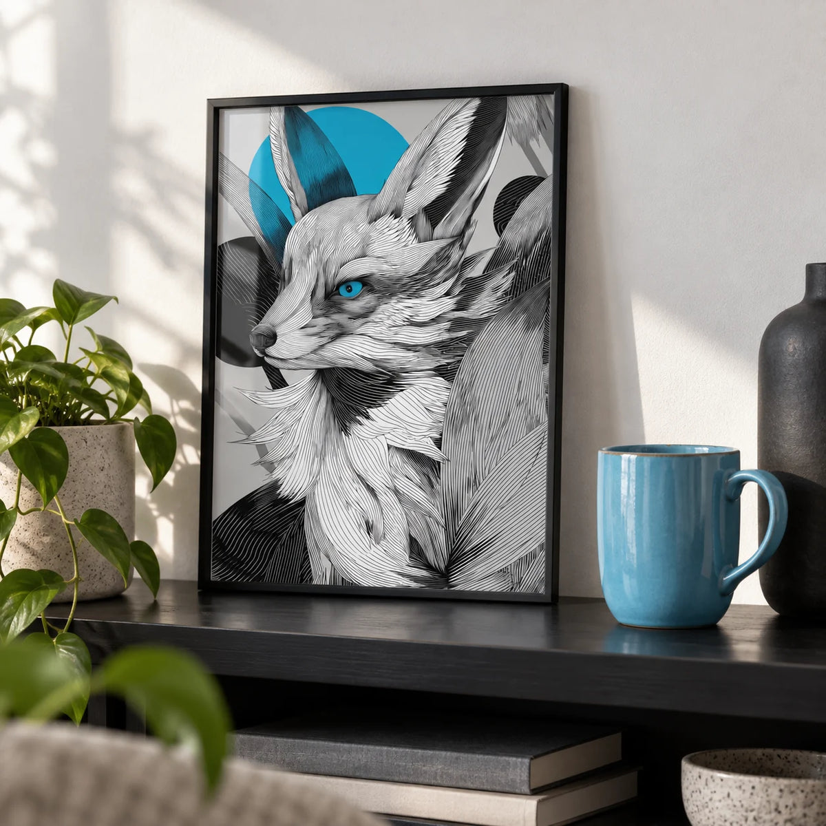 Japanese Fox Print, a small A4 framed print leaning on a black shelf in a living room