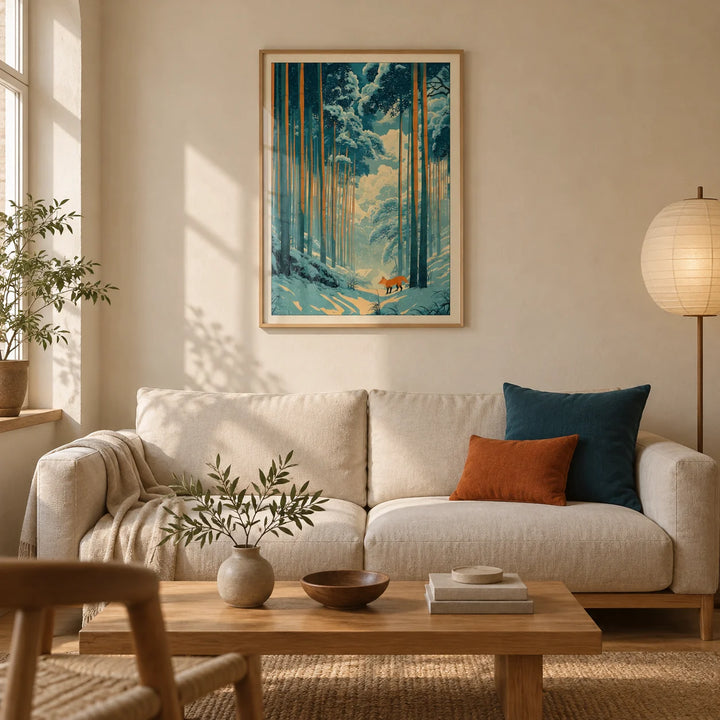 Japanese Fox Woodblock Print, framed on the wall of a calm Japanese-inspired living room in a UK terraced house with warm ivory plaster walls and an oak floor