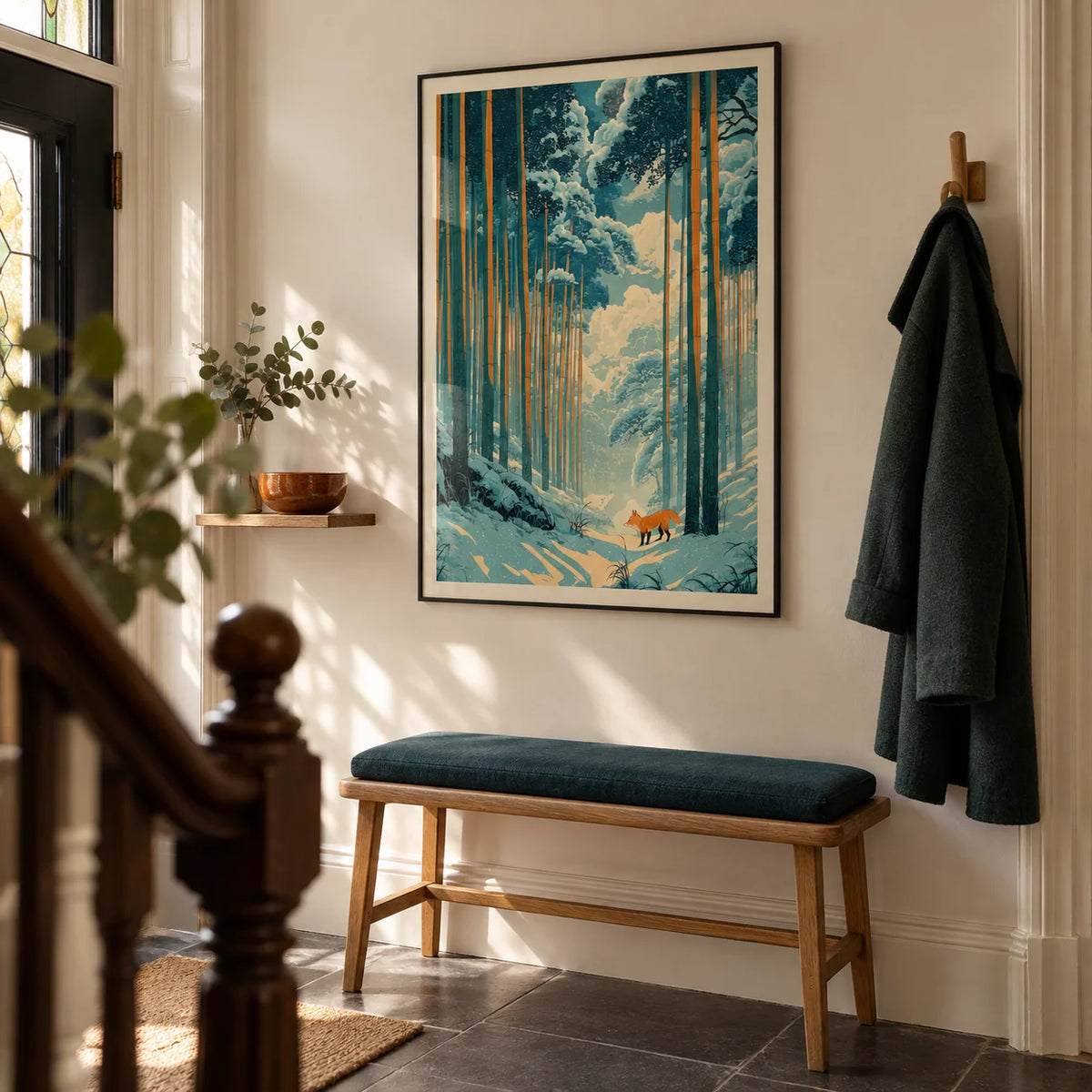 Japanese Fox Woodblock Print, framed on the wall of a considered entrance hallway in a Victorian terrace with warm cream walls and a dark slate floor