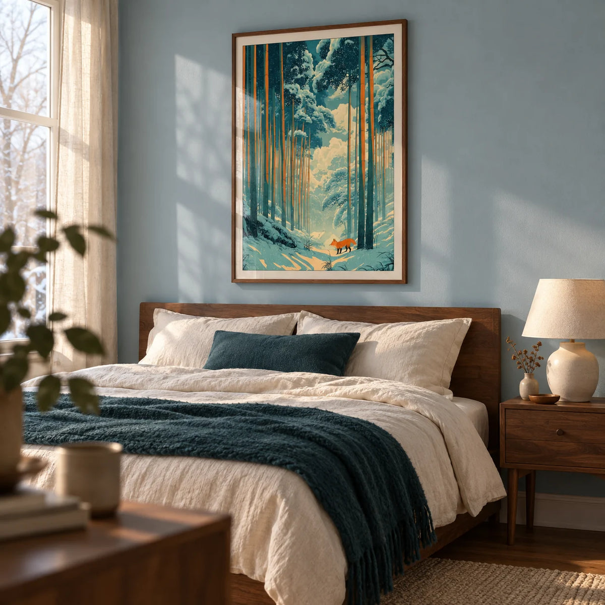 Japanese Fox Woodblock Print, framed on the wall of a peaceful adult bedroom with pale blue walls and warm walnut furniture