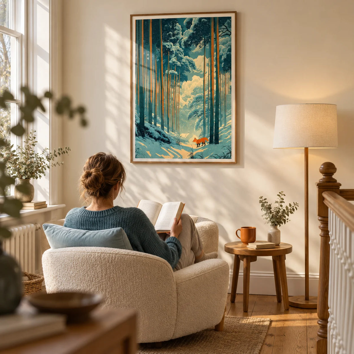 Japanese Fox Woodblock Print, framed on the wall of a quiet reading corner on a generous landing in a UK home with an ivory wall and oak floorboards in a living room