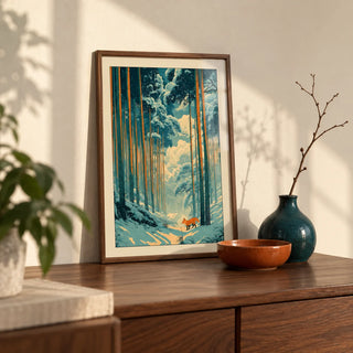 Japanese Fox Woodblock Print, a small A4 framed print leaning on a walnut sideboard in a living room