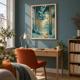 Japanese Fox Woodblock Print, framed on the wall of a tranquil home study in a UK flat with a muted blue-green wall and pale oak furniture