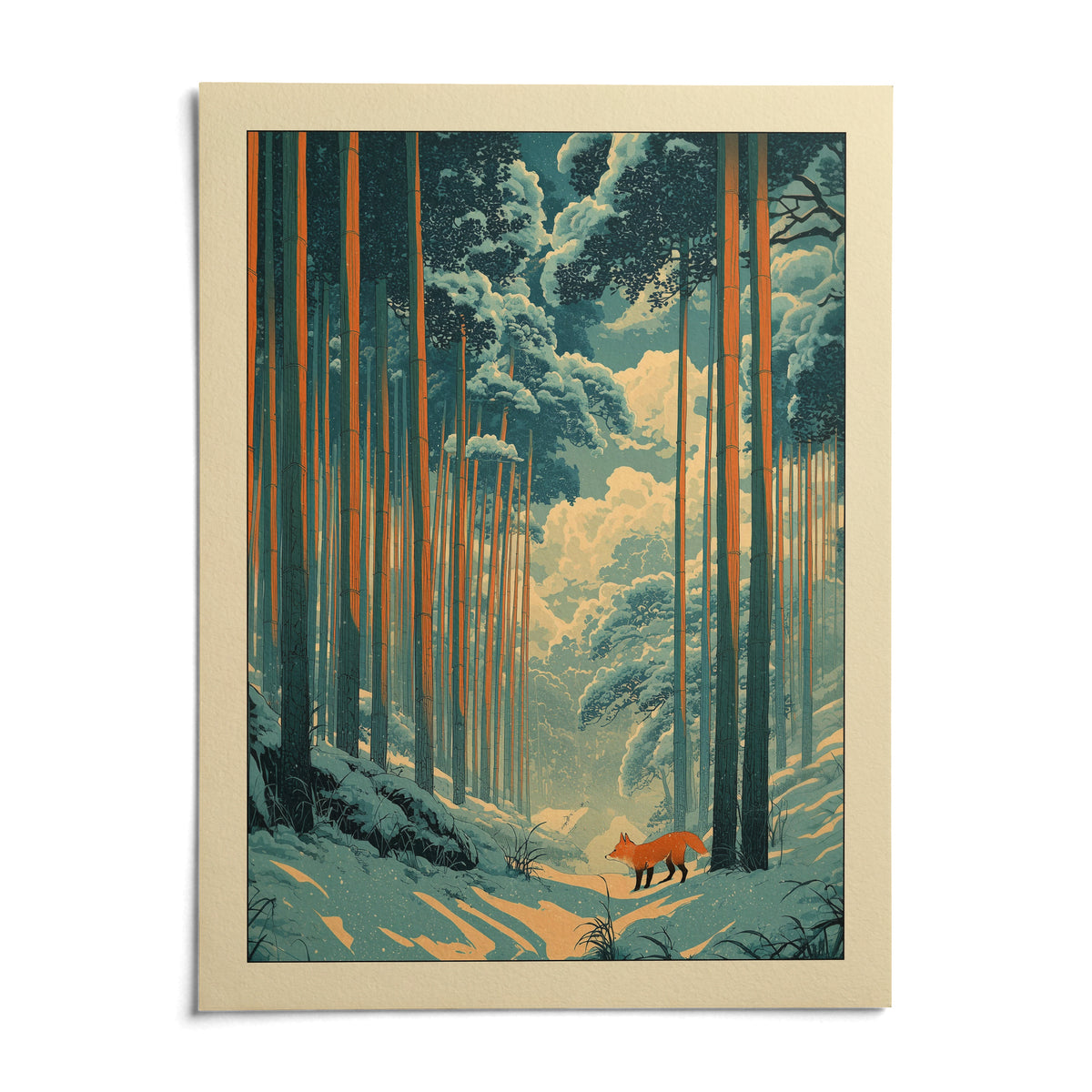 Japanese Fox Woodblock Print, shown as an unframed paper print on a plain white background