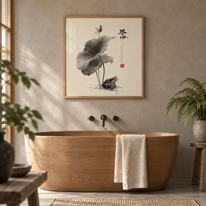 Japanese Frog Art, framed on the wall of a calm Japandi bathroom with a warm grey plaster wall