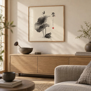 Japanese Frog Art, framed on the wall of a calm Japandi living room with a cream wall