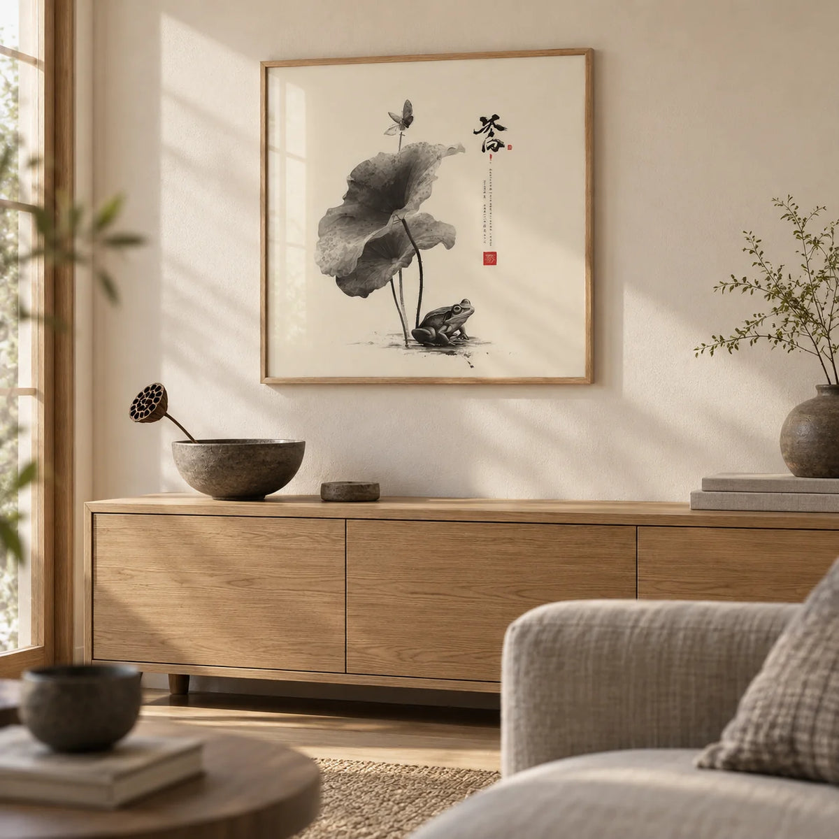 Japanese Frog Art, framed on the wall of a calm Japandi living room with a cream wall
