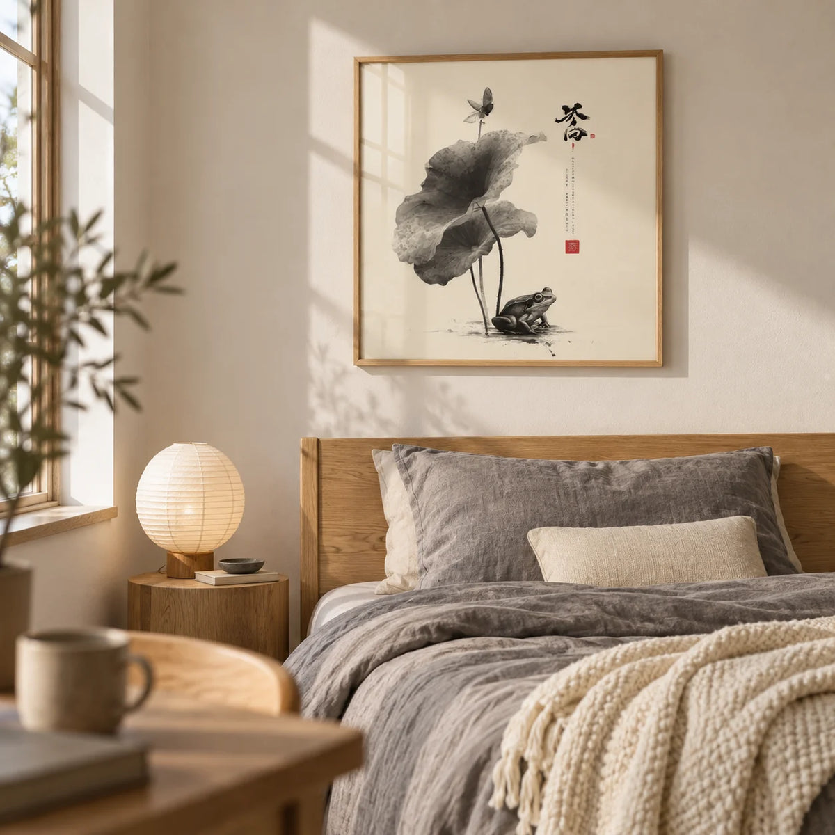 Japanese Frog Art, framed on the wall of a calm single bedroom for a young adult (18-25) with a warm white wall