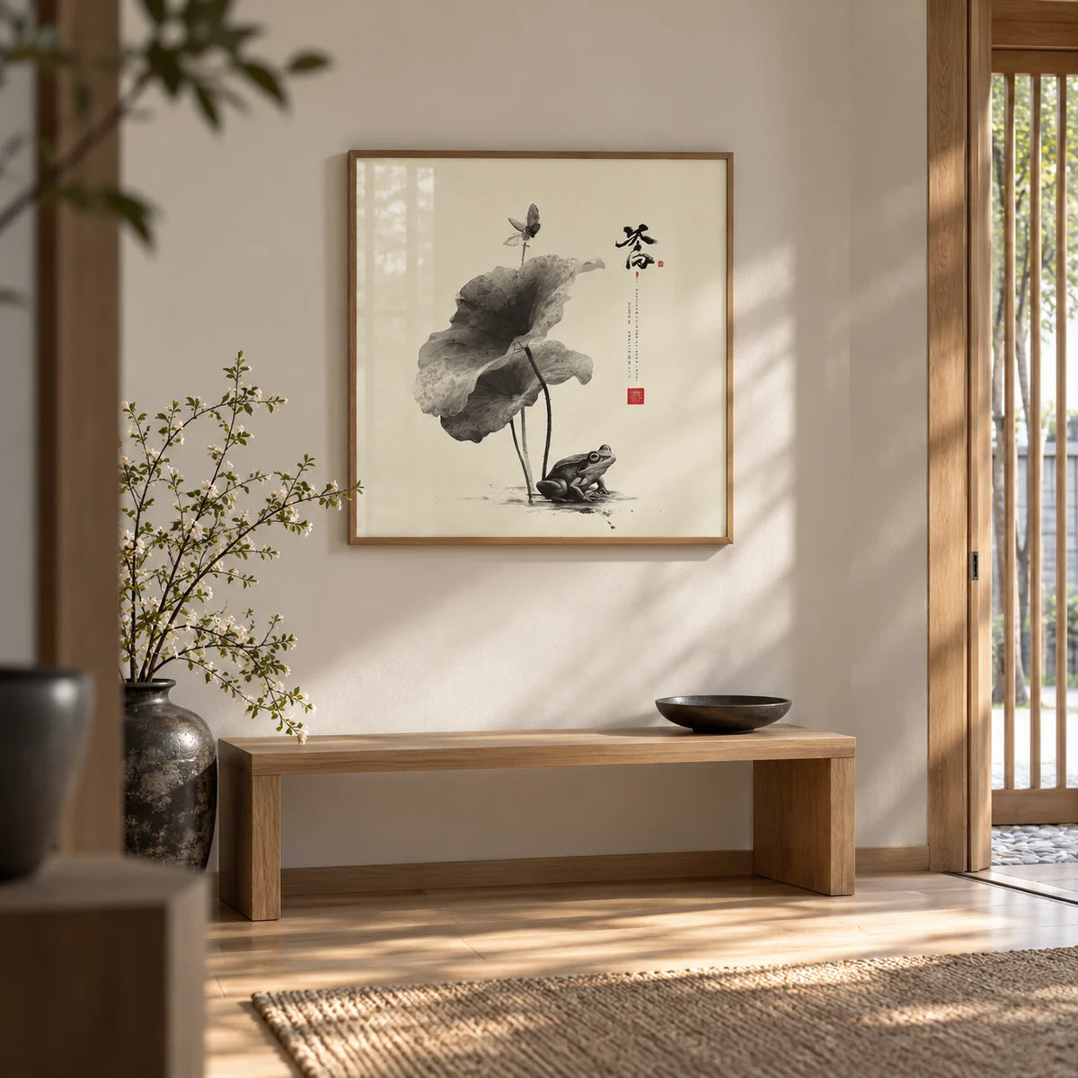 Japanese Frog Art, framed on the wall of a Japanese-style entrance hall with a pale oak floor