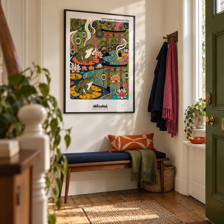 Japanese Frog Art Print, framed on the wall of a characterful narrow hallway in a UK terraced house with warm white walls
