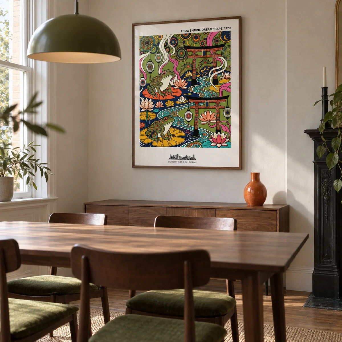 Japanese Frog Art Print, framed on the wall of a compact contemporary dining room in a Victorian terrace with pale plaster walls and a walnut dining table