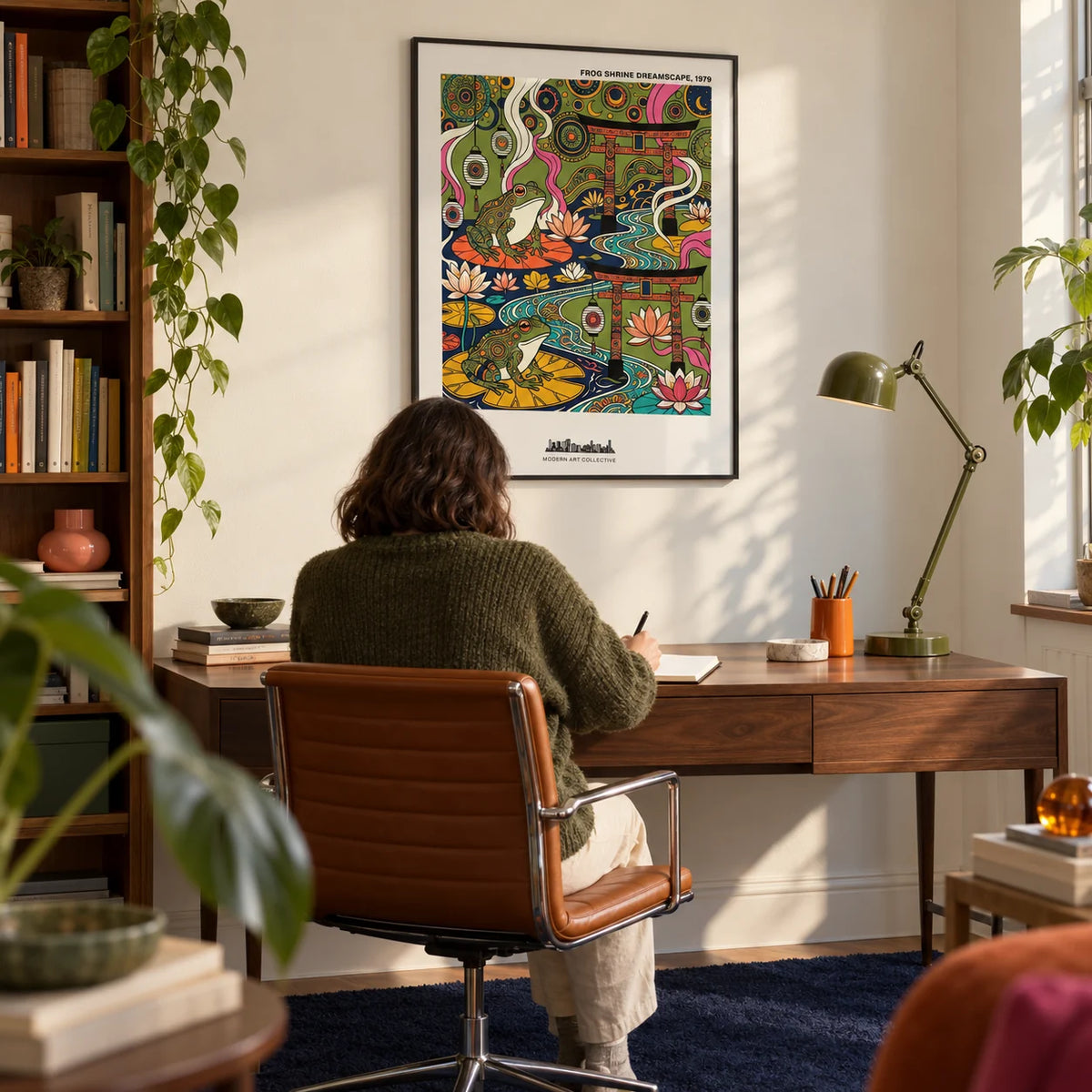 Japanese Frog Art Print, framed on the wall of a design-led home study for an adult illustration collector with a warm white wall and a plain navy wool rug