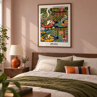 Japanese Frog Art Print, framed on the wall of a modern bedroom in a UK flat with a pale muted pink wall and simple walnut furniture