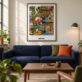 Japanese Frog Art Print, framed on the wall of a modern living room in a UK city flat with warm white walls