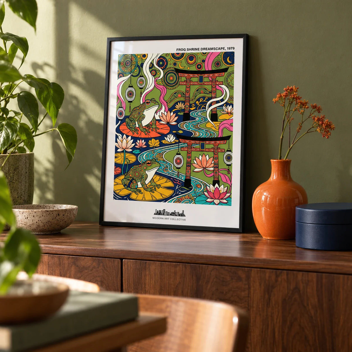 Japanese Frog Art Print, a small A4 framed print leaning on a walnut sideboard in a living room
