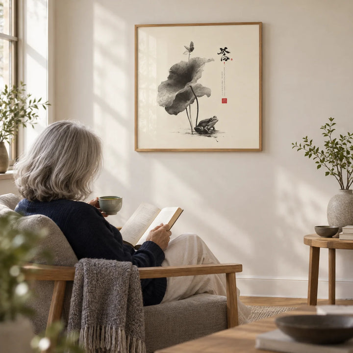 Japanese Frog Art, framed on the wall of a quiet reading nook with a cream wall in a living room