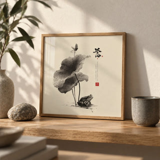 Japanese Frog Art, a small A4 framed print leaning on an oak shelf in a living room