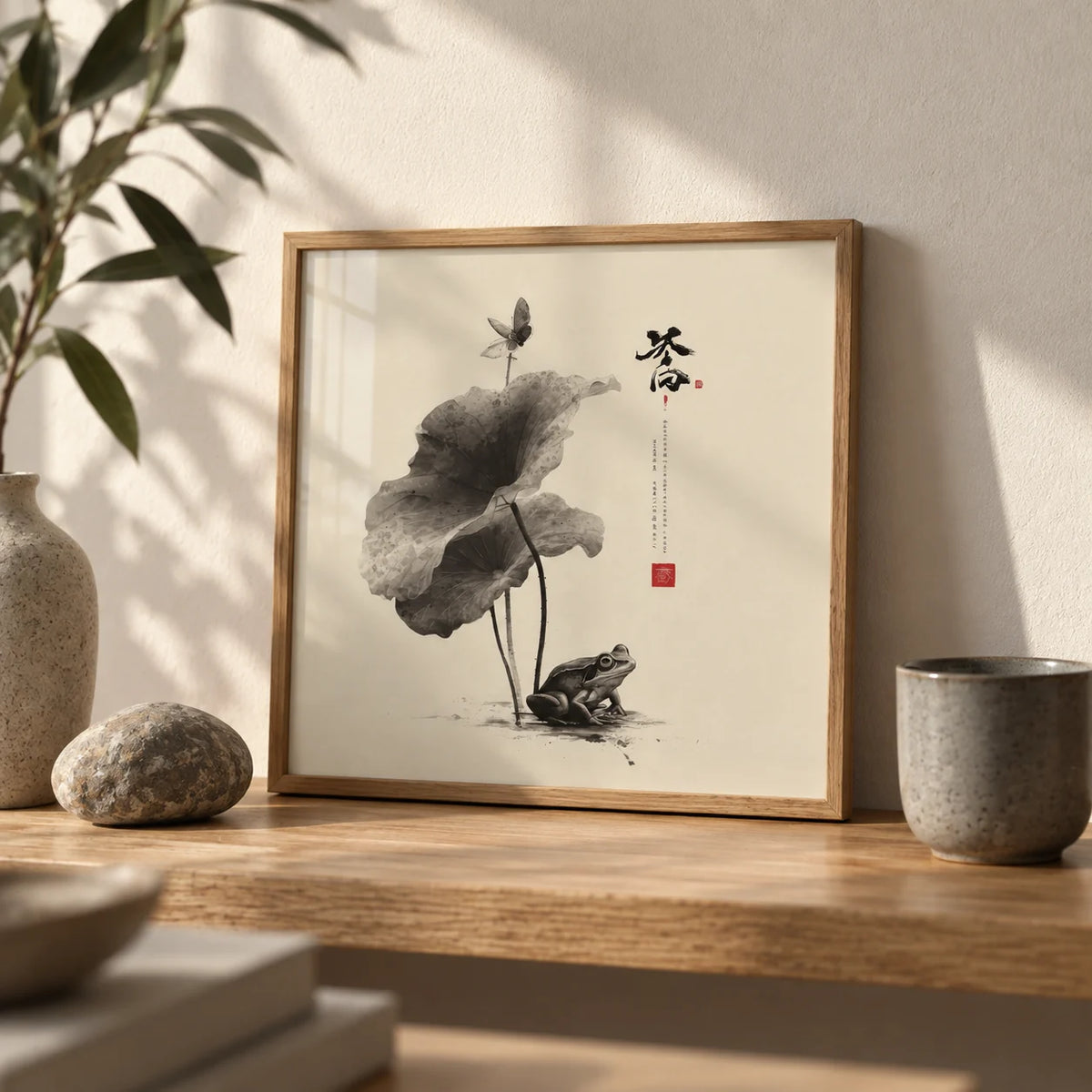 Japanese Frog Art, a small A4 framed print leaning on an oak shelf in a living room