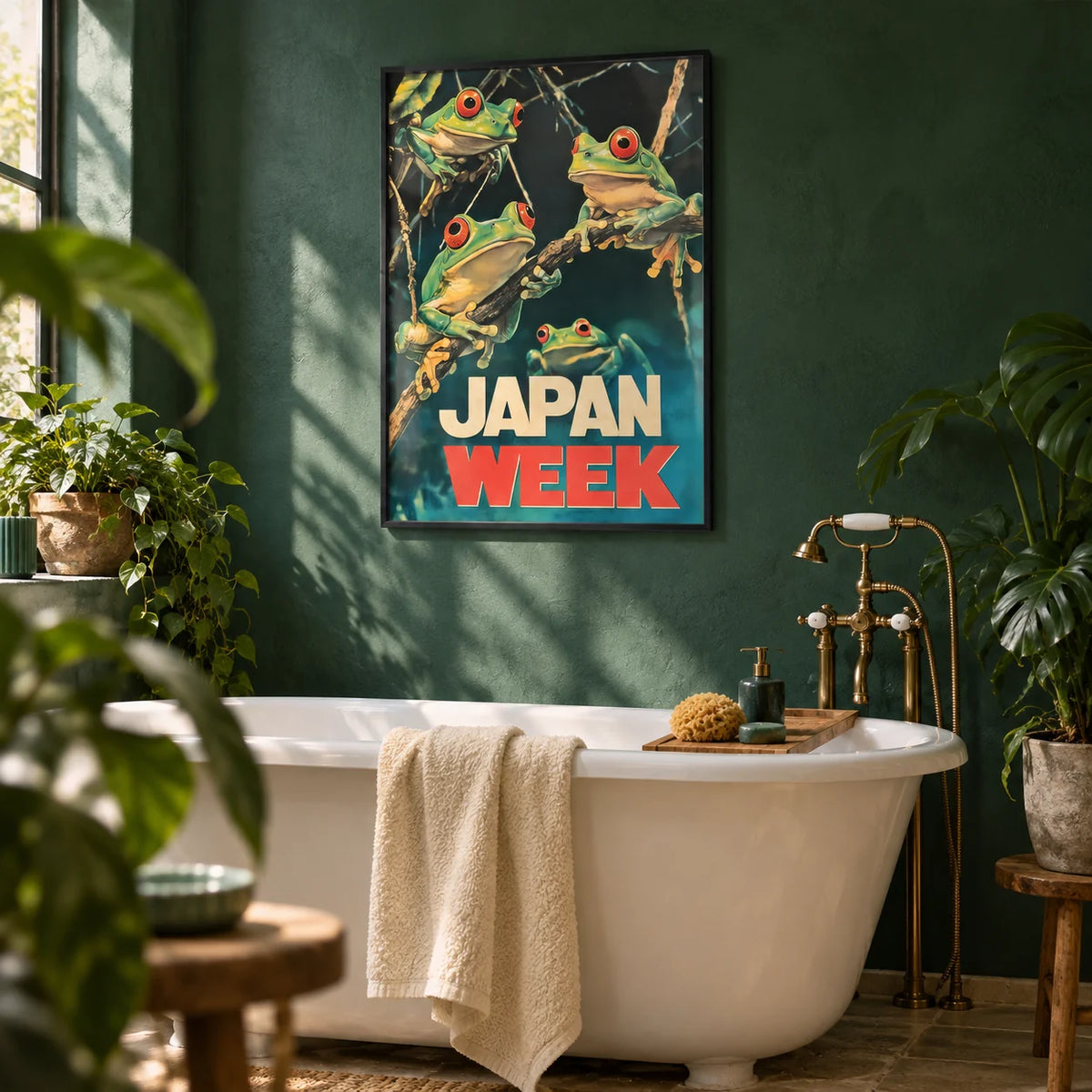 Japanese Frog Prints, framed on the wall of a bathroom with a deep green plaster wall