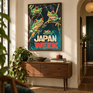Japanese Frog Prints, framed on the wall of a characterful hallway with a cream wall