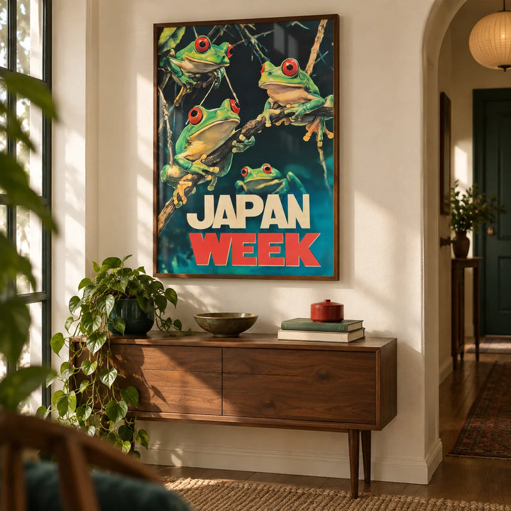 Japanese Frog Prints, framed on the wall of a characterful hallway with a cream wall
