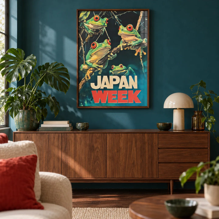 Japanese Frog Prints, framed on the wall of a living room with a deep teal painted wall and a dark wood floor