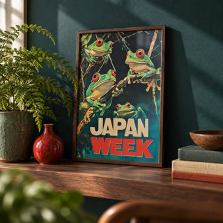 Japanese Frog Prints, a small A4 framed print leaning on a walnut shelf in a living room